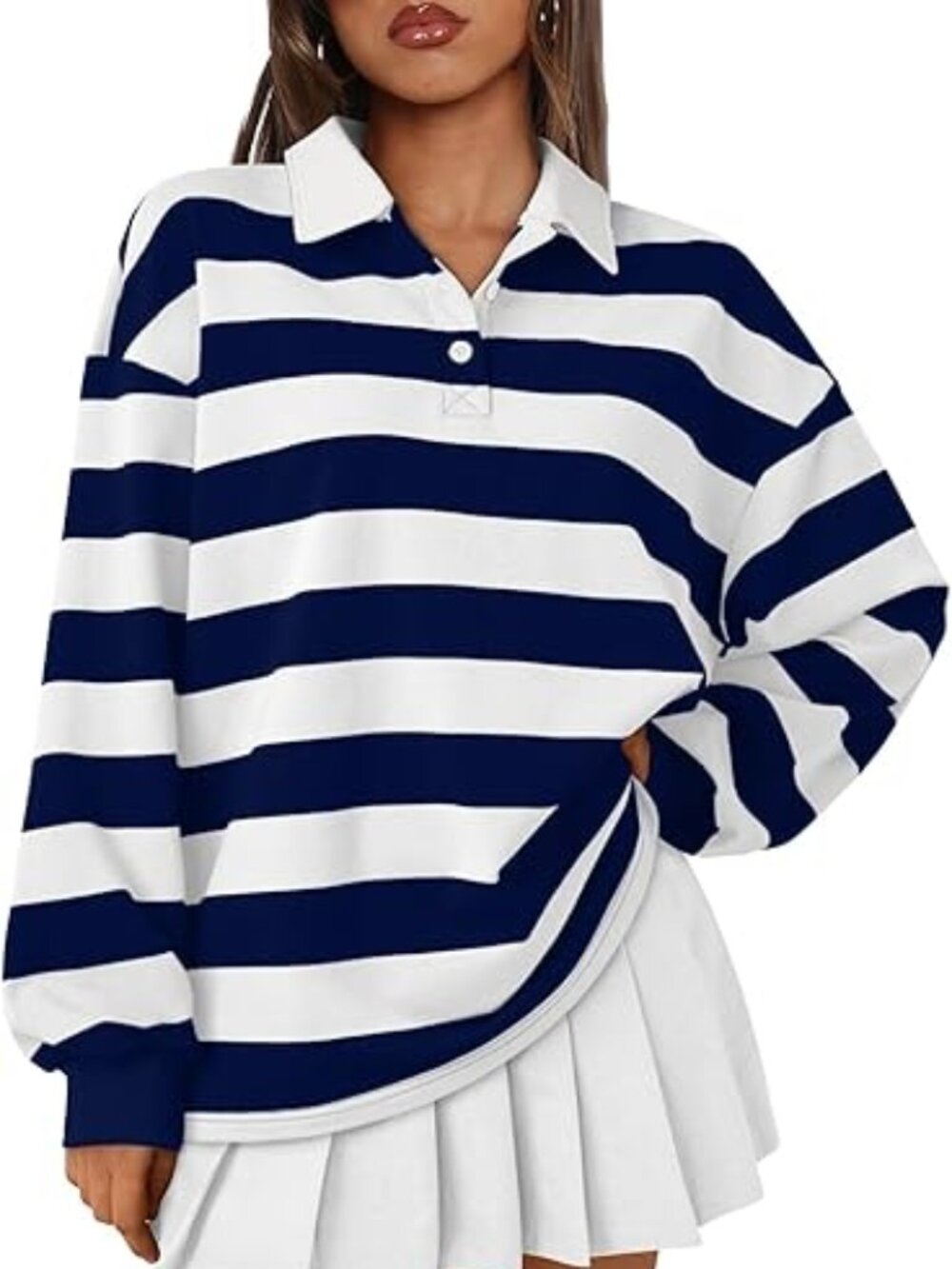 Trendy Queen, Blue, M, Women's Striped Oversized Polo Shirts